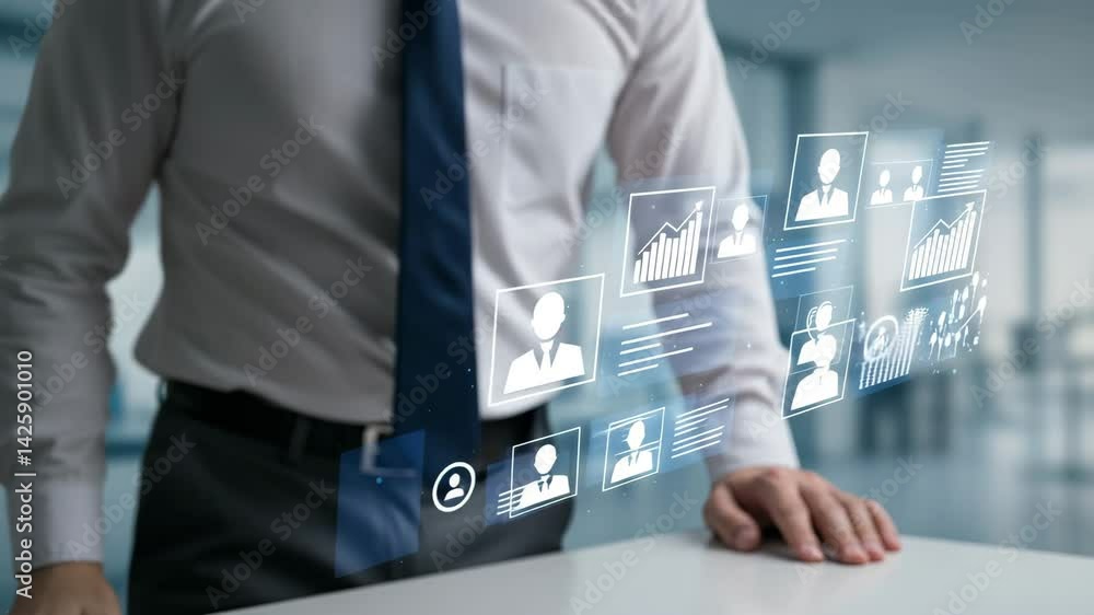 Poster business professional analyzing data visualization with magnifying glass in modern office setting, f