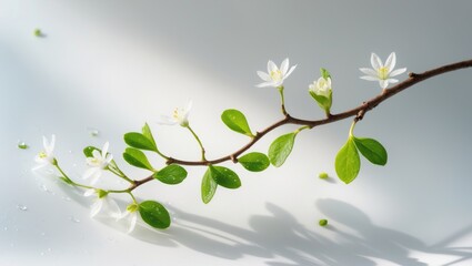 Isolated spring twig featuring green leaves and cherry blossoms on a white background