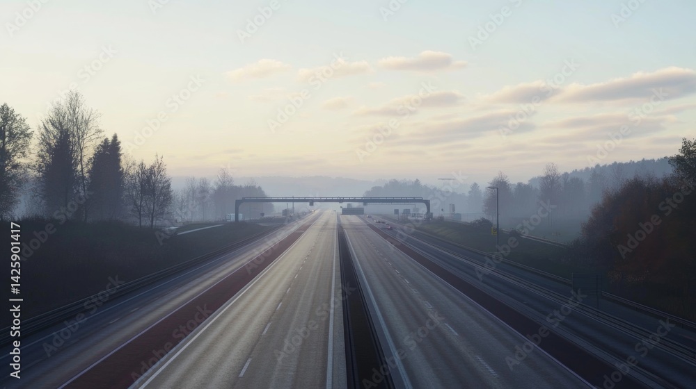 Poster A serene image of an empty expressway during early morning hours, with soft, diffused light and minimal traffic, capturing the calm before the day begins.