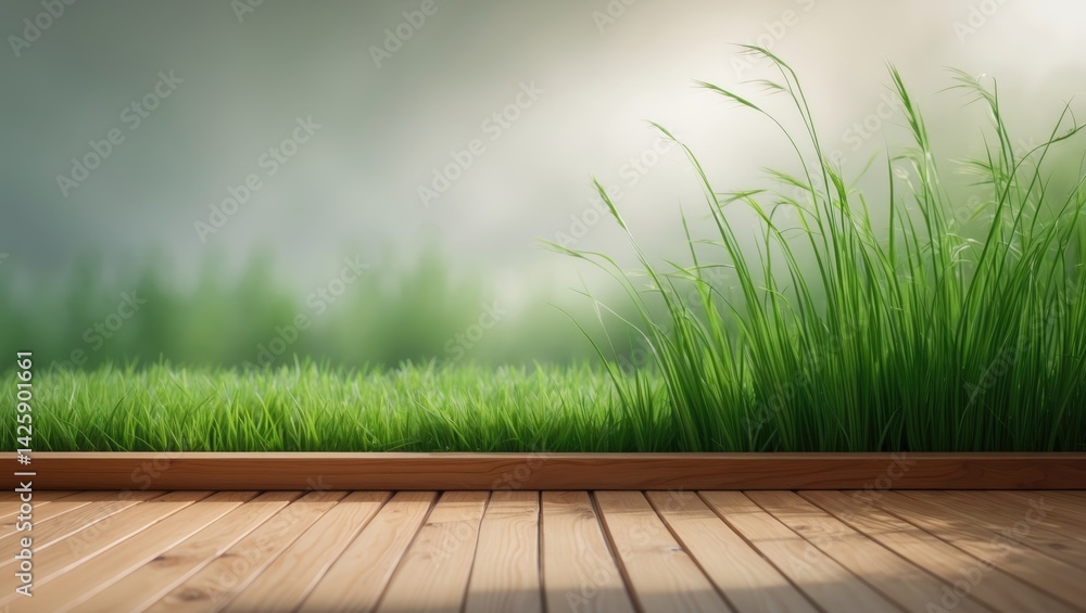 Poster fresh spring grass with a blurred background and wooden floor pattern, a design element for display 