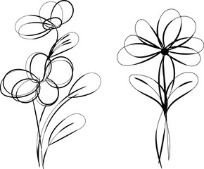 Simple Line Art Floral Designs Two Black Flowers Isolated