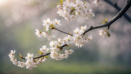 Cherry blossom branch in springtime garden