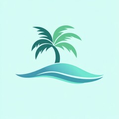Tropical island graphic design, abstract ocean wave, simple palm tree