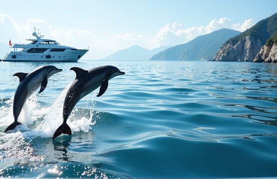 Delfini Che Saltano Vicino A Una Barca Turistica