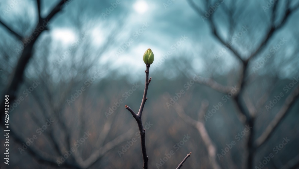 Aufkleber spring chestnut twig featuring an opening bud at the tip with blurred background of tree crown branc