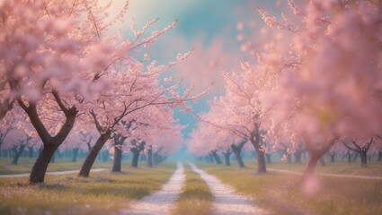 Spring blossom orchard with abstract blurred background and pastel tones, featuring ample copy space