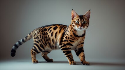 Black Bengal kitten with striped fur on a beige background