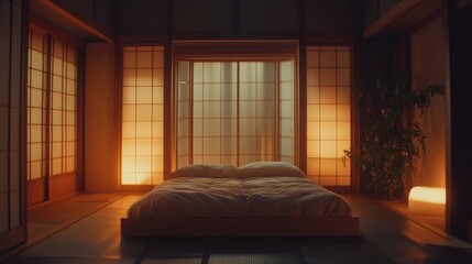 Obraz premium A serene Japanese bedroom with traditional tatami mats, a low wooden bed, and sliding doors, with soft light spilling in from paper windows