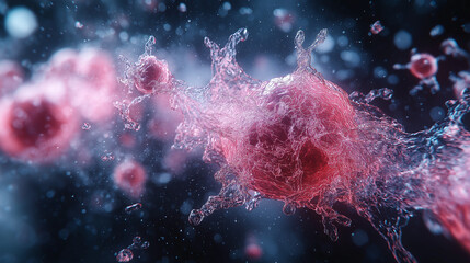 Cellular Collision: A breathtakingly detailed microscopic view of cells in a dynamic interaction, with water splash and energy. The artwork captures the beauty and complexity of biological processes.