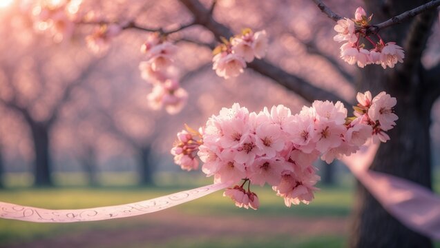 Cherry tree spring blossom with pink flowers and park background