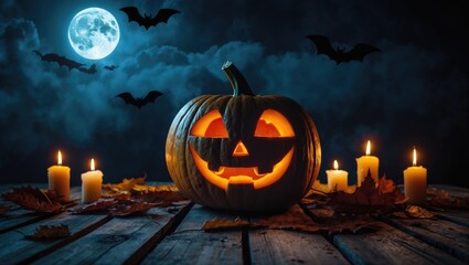 Spooky carved pumpkin resting on wooden surface with a haunting dark backdrop