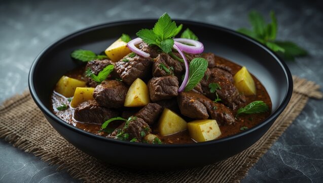 Spicy Beef Curry Fry Served with Ghee Rice, Appam, Parotta, and Puttu - A Traditional Feast with Buffalo Roast, Meat Pepper Fry, Raw Curry, and Banana