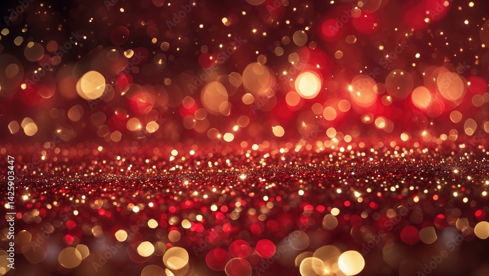 Poster red and golden glittering bokeh background with festive glow and abstract effects
