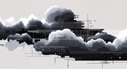 black clouds digital glitch pixel abstract pattern art design on plain white background illustration