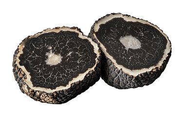 Sliced black truffle showcasing intricate texture and pattern isolated on a transparent background