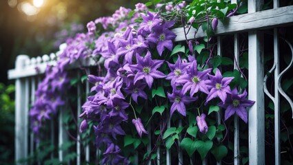 Obraz premium Violet clematis climbing a wrought-iron fence