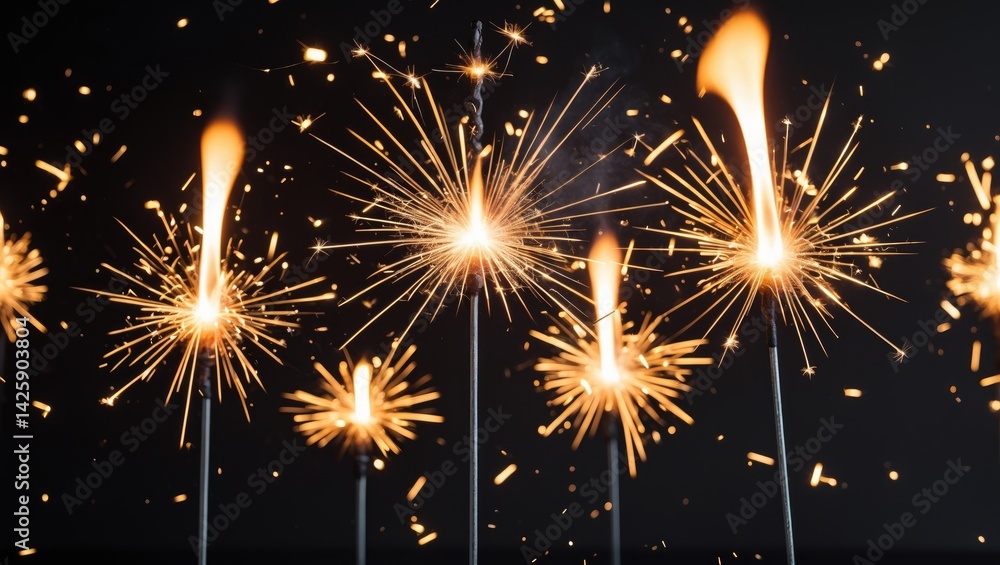 Poster black background featuring a set of isolated sparklers burning with clipping path