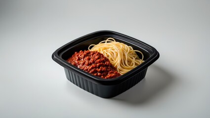 Ready-to-eat spaghetti bolognese in black plastic dish on white background