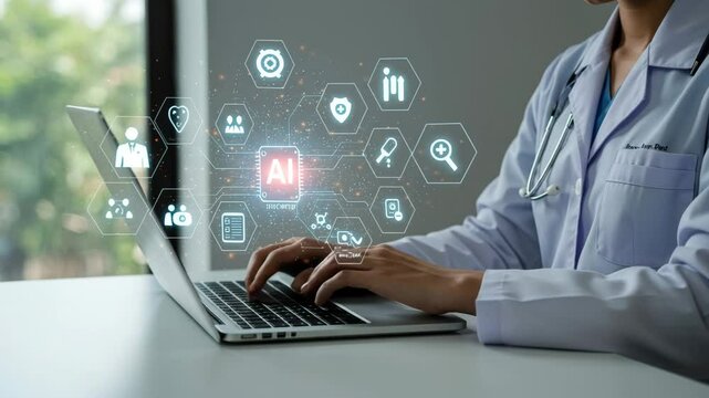 A Focused Female Healthcare Professional Engages with Advanced AI Technology While Working on a Laptop, Merging Medicine and Digital Innovation in a Modern Medical Office - Powered by Adobe