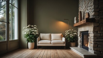Generous living room with a sitting corner beside the fireplace