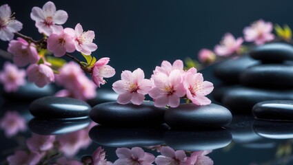 Zen spa still life featuring blooming flowers and smooth stones