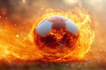 Fototapeta premium A fiery soccer ball rolling on the ground at dusk, creating an intense visual effect