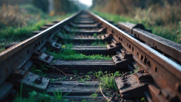 Close-up of iron railway track and switches with timber sleepers and weeds
