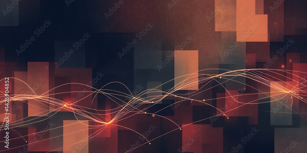 Poster abstract background with orange squares and connecting lines forming a network structure