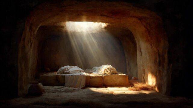 Biblical empty tomb with sunlight beam shining in, 4K video