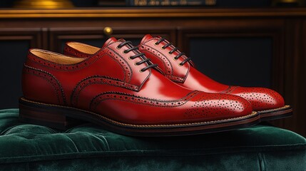 Elegant and stylish red leather brogue shoes displayed on a plush velvet surface, showcasing fine craftsmanship and design details