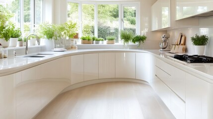 Fototapeta premium Curved Kitchen Island Herb Plants Minimalist High-gloss, Bright Lighting Wide Angle Shot, Seamless Countertops, Modern Design, Sunny Garden View, Clean White Palette, Ideal for Home Design Blogs.