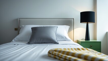Close-up of an elegant bed and nightstand with a lamp