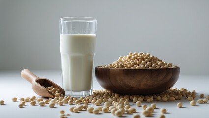 Fresh soybeans and milk isolated on a wooden surface for healthy breakfast