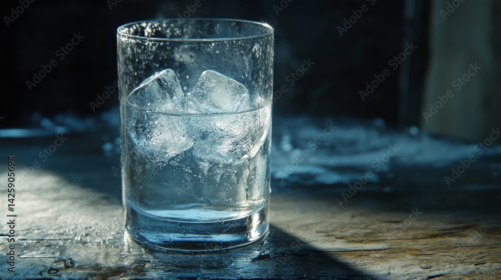 Poster a simple yet captivating close-up of soda with ice cubes, showing the condensation forming on the ou