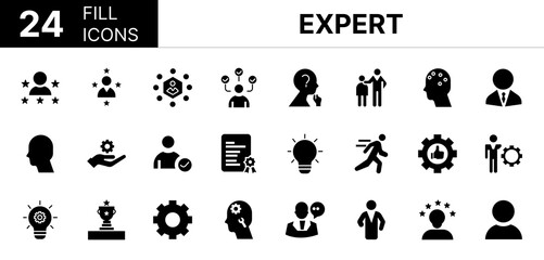 Collection of 24 Expert fill icons featuring editable strokes. These outline icons depict various modes of Expert, talent, specific aptitude, thinking, mentor, 