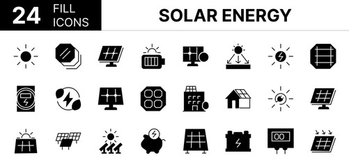 Collection of 24 Solar Energy fill icons featuring editable strokes. These outline icons depict various modes of Solar Energy, Solar power, renewable energy, solar panels, 