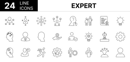 Collection of 24 Expert line icons featuring editable strokes. These outline icons depict various modes of Expert, talent, specific aptitude, thinking, mentor, 
