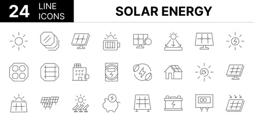Collection of 24 Solar Energy line icons featuring editable strokes. These outline icons depict various modes of Solar Energy, Solar power, renewable energy, solar panels, 