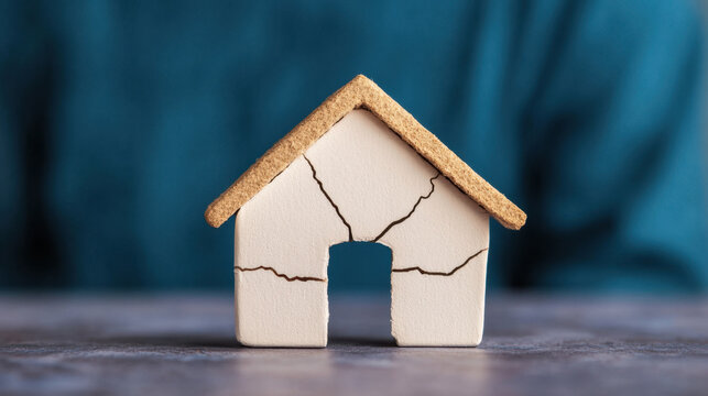 broken model of house with visible cracks symbolizes structural damage and neglect, evoking feelings of concern and urgency for repair and restoration