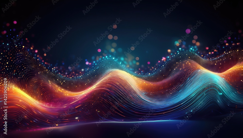 Poster vibrant abstract wave of glowing particles, swirling and evolving in a cosmic dance of color, embrac