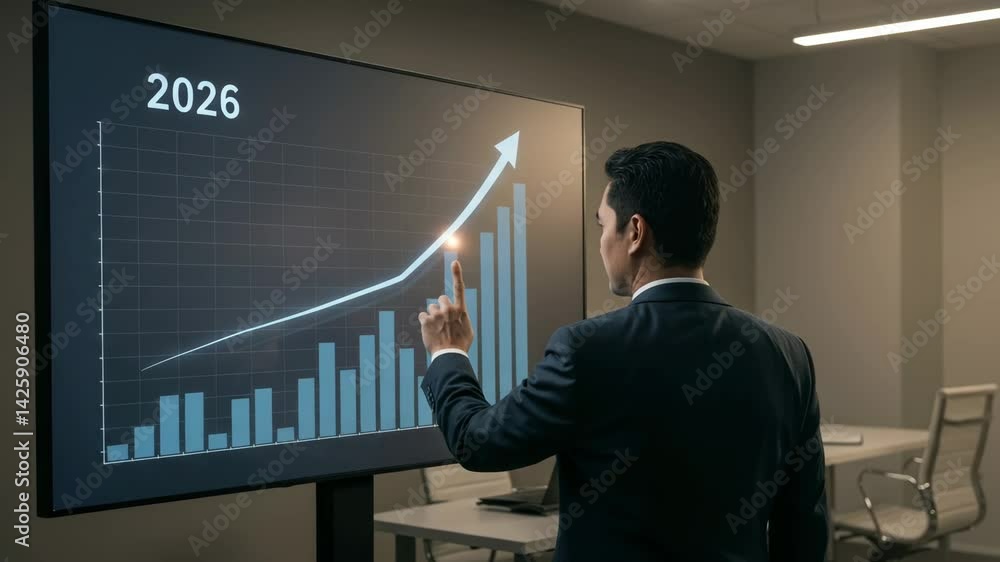 Poster business professional demonstrating projected growth in 2026 with digital data visualization in mode
