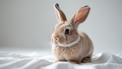 Obraz premium Close-up of an adorable baby rabbit with fluffy fur on a plain white background