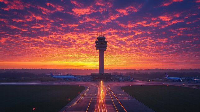 Sunrise over airport control tower (1)