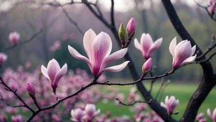 Close-up of Magnolia Branch with Pink Flowers in the Park