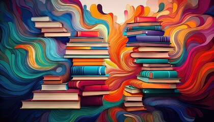Colorful Art Abstract from Piles of Books A Vibrant, Eclectic Scene Brimming with Life and Creativity, Ideal for Digital Art, Home Decor, or Design Inspiration.