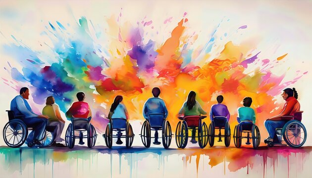 Colorful Artistic Celebration of International Day of Persons with Disabilities, Depicting a Diverse Group Amidst a Vibrant Watercolor Scene at on February , Expressive and Empowering