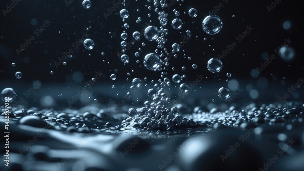 Poster soda water liquid splashing with bubbles and drops in a black background for a sparkling and refresh