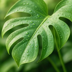 Close-up of monstera leaf with dew in morning light
