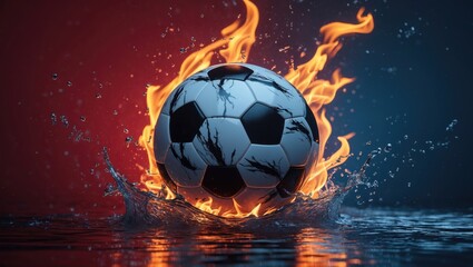 Fototapeta premium Soccer ball engulfed in flames with water splashes