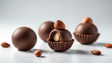 Round chocolate and hazelnut balls with coating on plain background